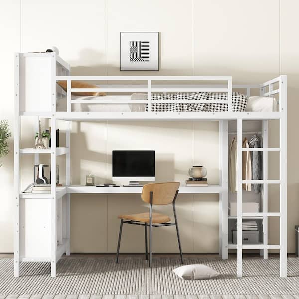 Off White Queen Size Loft Bed with Wardrobe and L-shaped Desk