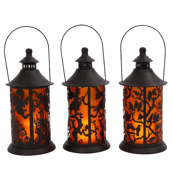 GERSON INTERNATIONAL 14.17 in H Assorted Halloween Metal Themed Lanterns with LED Candle (Set of 3)