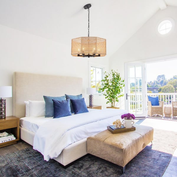 6 light 18.9'' Brown Bohemia Handwoven Rattan Octagon Geometry Drum Chandelier for Kitchen Island with no bulbs included