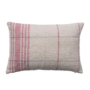 Natural, Red and Blue Stripes and Plaids Pattern Polyester 24 in. x 16 in. Throw Pillow