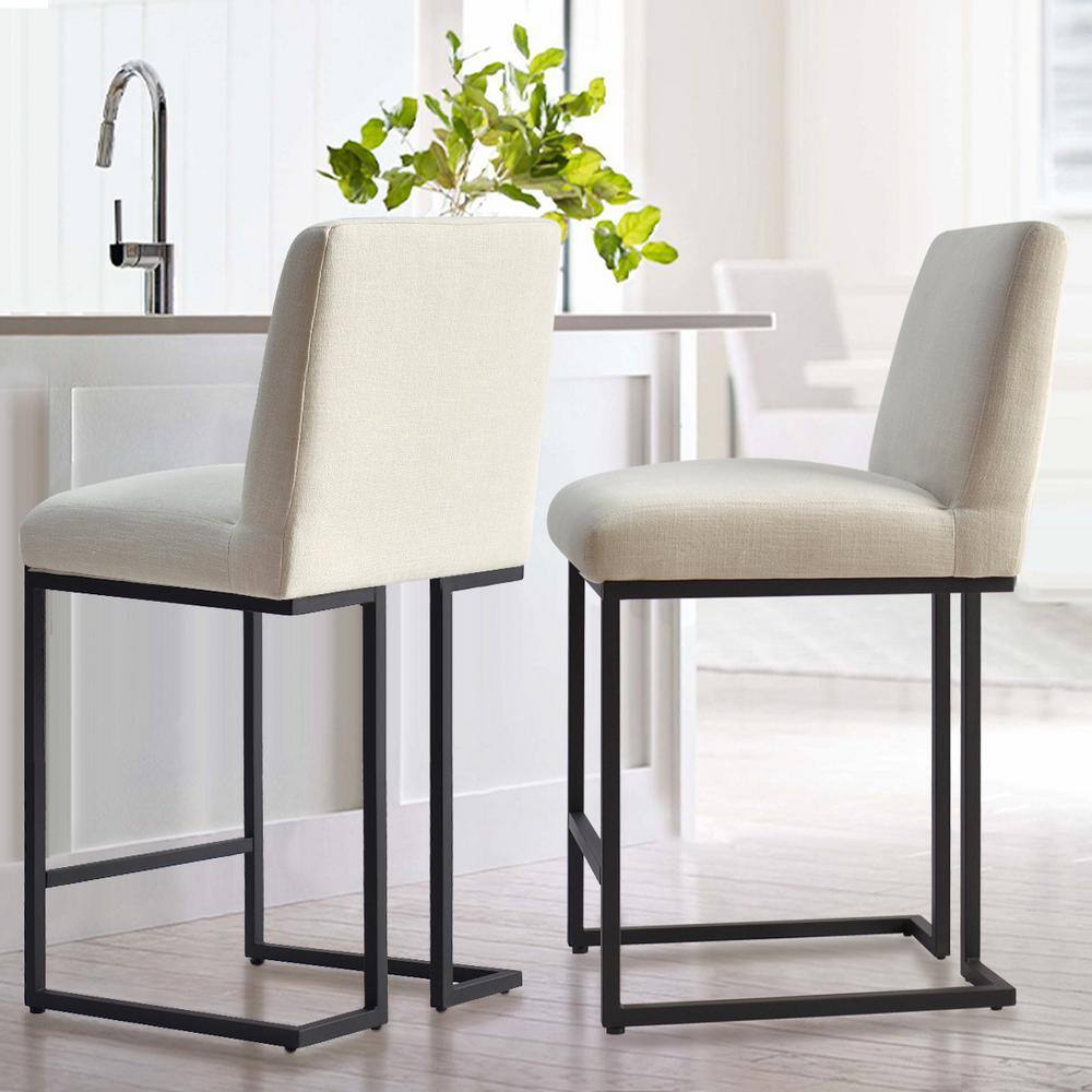 Beige Upholstered Counter Stools with Black Metal Sled Legs, Set of 2