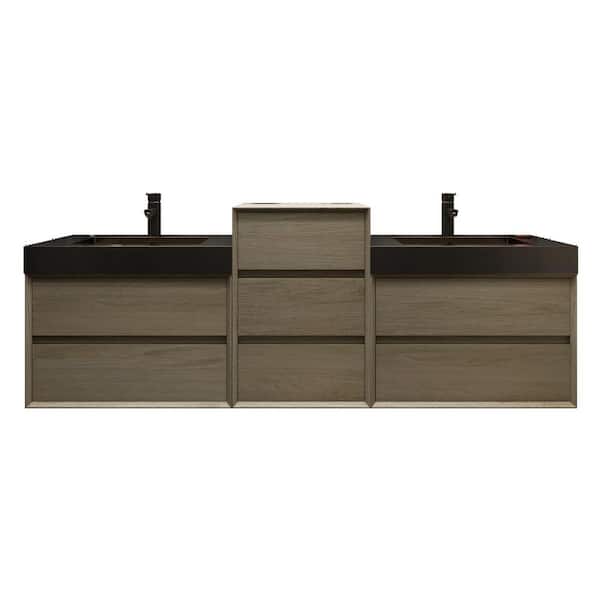 MIA 79 in. W x 20 in. D x 30 in. H Double Sink Middle Cabinet Bath Vanity in Coffee Wood with Black Stainless Steel Top