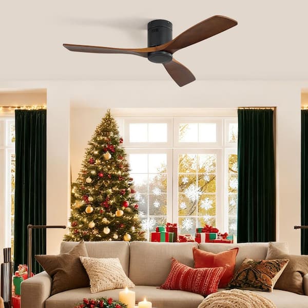 52 in. Indoor/Outdoor Flush Mount Ceiling Fan 3-Carved Wood Fan Blades Matte Black Ceiling Fan with 6-Speed Remote
