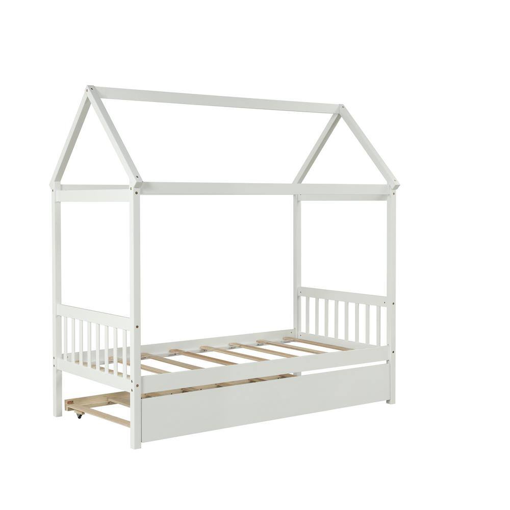 URTR White Wooden Twin Size Bed Frame with Trundle House Bed with Roof ...