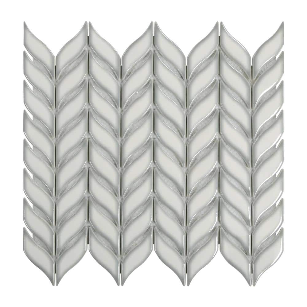 White Glazed Leaf Waterjet Recycled Glass Mosaic Tile
