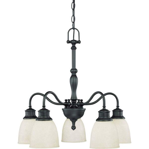 Glomar 5-Light Aged Bronze Arms Down Chandelier with Biscotti Glass Shade