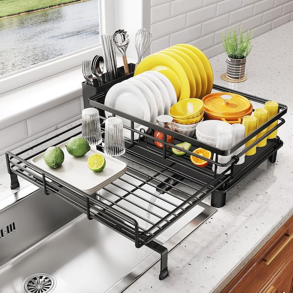 Stainless Steel Dish Rack Drying Rack with Extendable, Large, Utensil Holder for Kitchen Counter, Black (1-Pack)