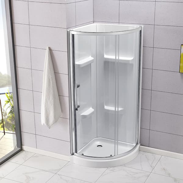 Glacier Bay Shower Stall Kit 34 in. x 76.40 in. Corner Drain Satin Nickel White GBSH133