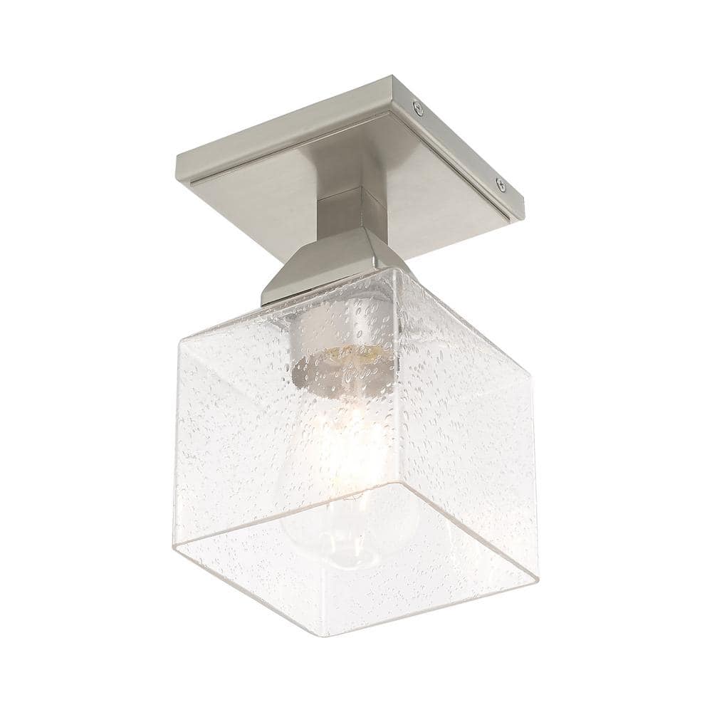 Brushed Nickel 1-Light Flush Mount with Clear Seeded Glass