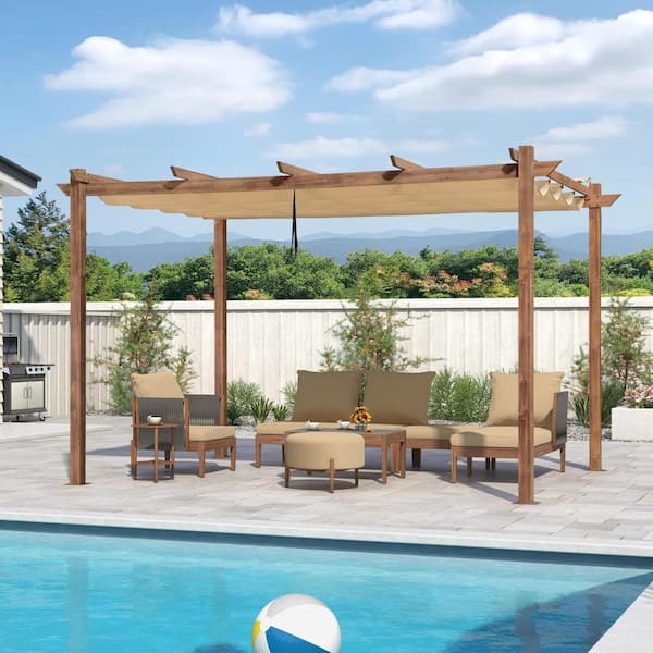 10 ft. x 13 ft. Natural Wood Grain Aluminum Pergola Gazebo with Beige Retractable Sunshade Canopy and Extra Top Roof