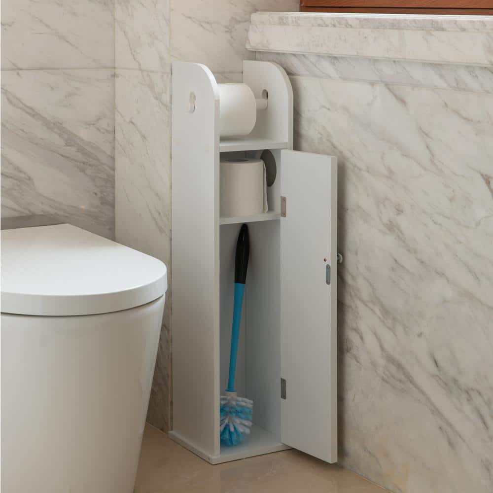 White Freestanding Bathroom Toilet Paper Holder with Storage Cabinet