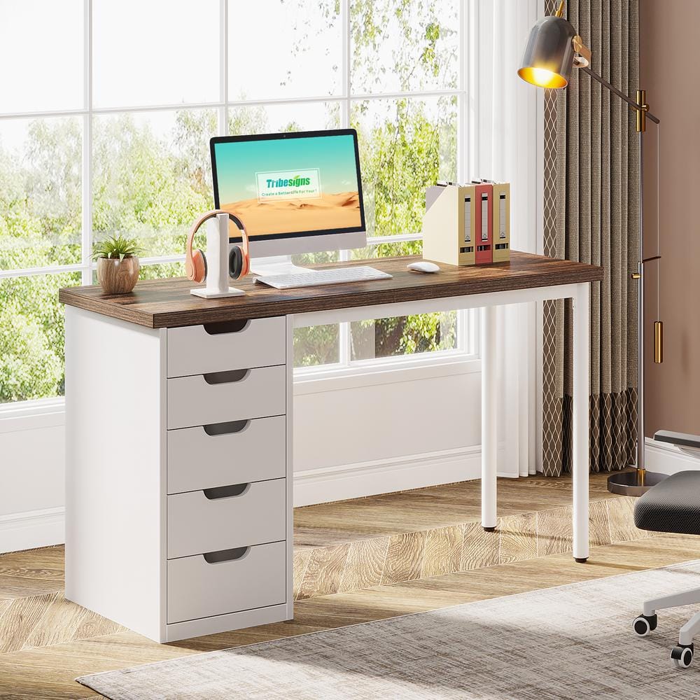Havrvin 47 in. Rectangular Gray and Black 5-Drawer Computer Desk for Home Office