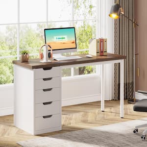 Havrvin 47 in. Rectangular Rustic Brown and White 5-Drawer Computer Desk for Home Office