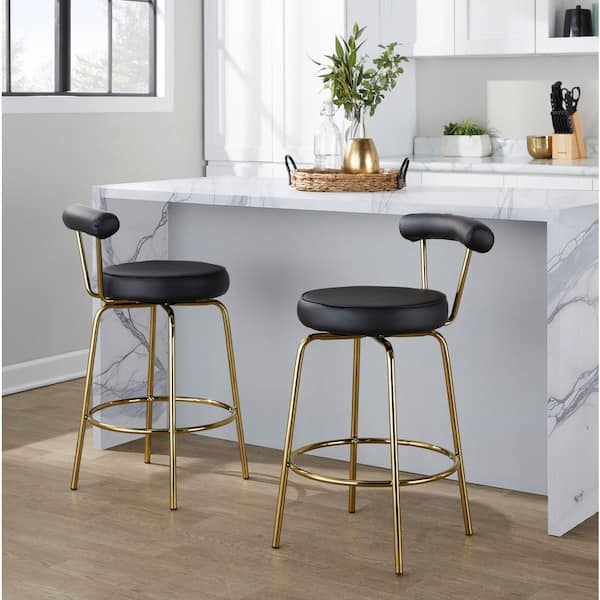 Lumisource Rhonda 26 in. Gold Metal and Black Faux Leather Fixed-Height Counter Stool (Set of 2)