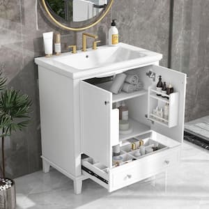 30 in. W x 18 in. D x 34.8 in. H Single Sink Freestanding Bath Vanity in White with White Ceramic Top and Storage