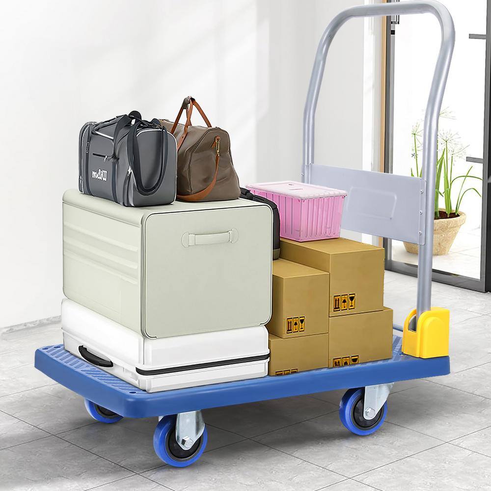Platform Truck with 880lb Weight Capacity and 360 Degree Swivel Wheels, Foldable Push Hand Cart for Loading and Storage, Blue