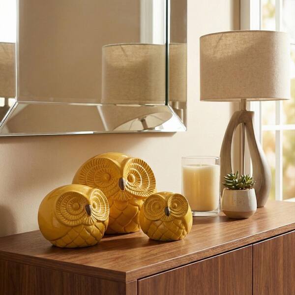Liv & Skye Yellow 8 in. X 6 in. Ceramic Owls Figurine (Set of 3