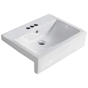 23.6 in. W Semi-Recessed White Rectangular Bathroom Vessel Sink For 3 Hole 4 in. Center Drilling