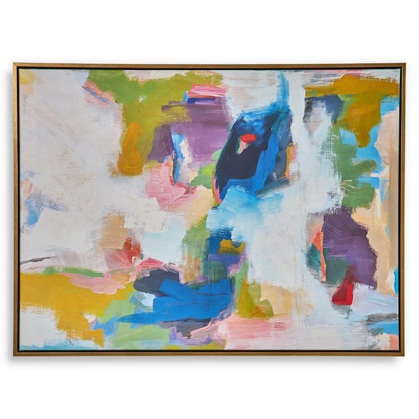 Benjara Gold, Blue, White and Green Wooden Framed Handcrafted Joyful Abstract Giclee Wall Art