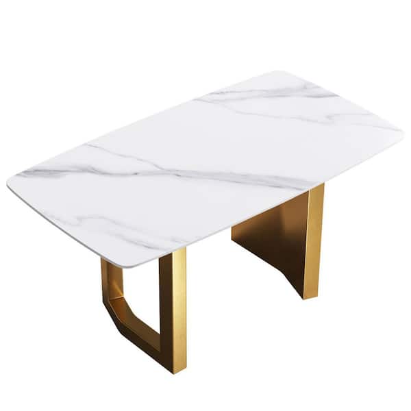 Magic Home 63 in. Round Edge Sintered Stone White Rectangle Top Double Pedestal 2-Gold Metal Base Dining Table (Seats-6)