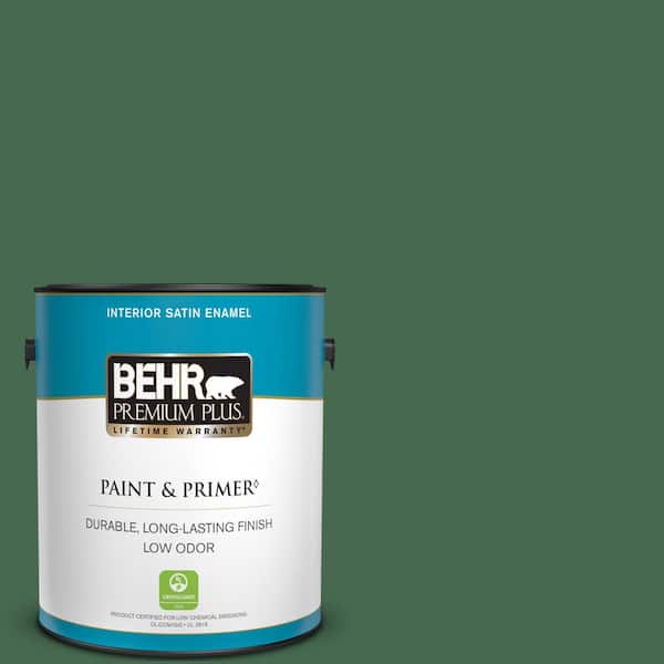 BEHR PREMIUM PLUS 1 gal. #M410-7 Perennial Green Satin Enamel Low Odor Interior Paint & Primer