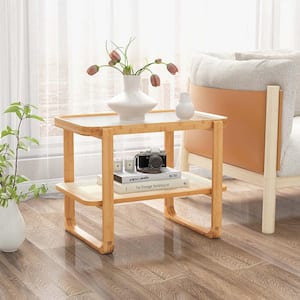 28 in. Natural Bamboo Side Table with Rattan Shelf Glass Top Nightstand Small Sofa End Table