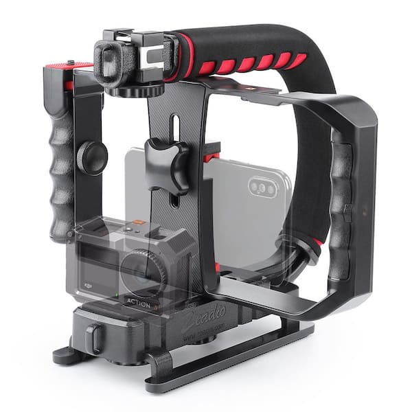Camera Handheld Stabilizer with Smartphone Video Cage Rig, Triple Cold-Shoe Handle Grip Compatible with Action Camera