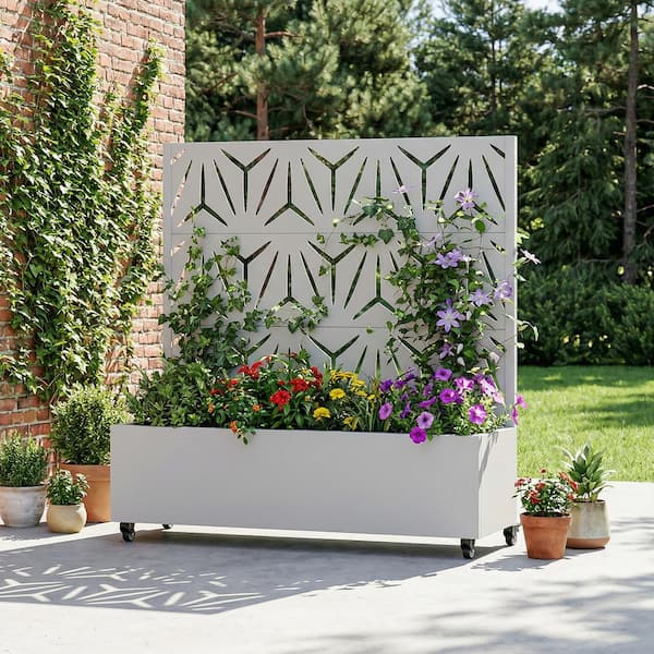 SpassWay White Galvanized Steel Planter Box with Trellis and