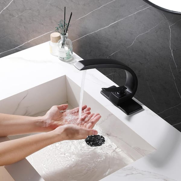 Tomfaucet Single Handle Single Hole Bathroom Faucet with Deckplate Included and Drain Kit in Matte Black