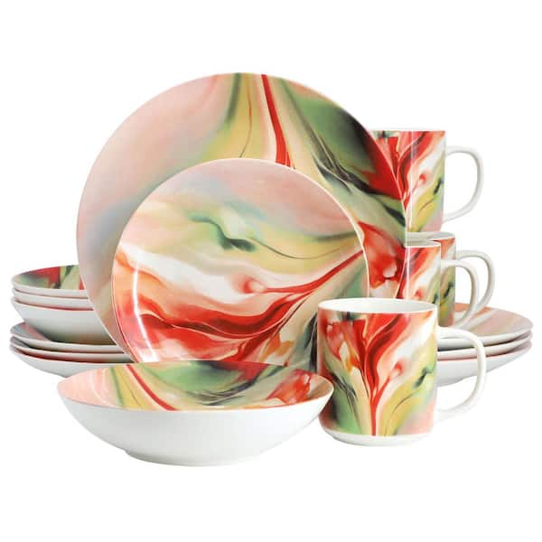 Warm Waves 16-Piece Abstract Design Round Porcelain Dinnerware Set in Multi-Color