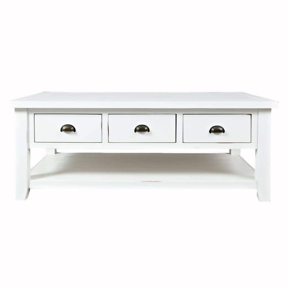 Benjara 50 in. Weathered White Large Rectangle Wood Coffee Table with 3 ...