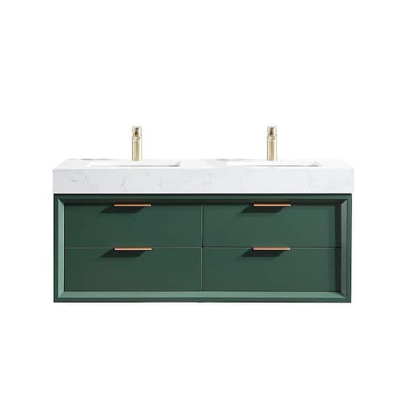 JimsMaison 48 in. W x 21 in. D x 21 in. H Double Sink Wall Mounted Bath Vanity in Green with White Engineered Stone Top