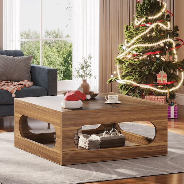 BYBLIGHT Allan 43 in. Brown Square Wood Coffee Table with LED Light, Center Table with Storage for Living Room Home Office