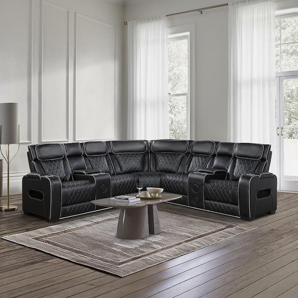 Clumber 118 in. Pillow Top Arm Faux Leather 3-Piece Power Reclining Sectional Sofa with Consoles in Black