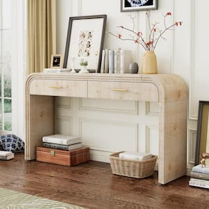 Unique Retro Silhouette 59 in. Natural Wood Wash Rectangle Wood Console Table with Open Style and Top Drawers