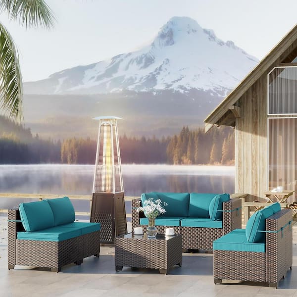 Halmuz 8-Piece Wicker Patio Conversation Set with 55,000 BTU Glass Tube Propane Pyramid Heater, Blue Cushion
