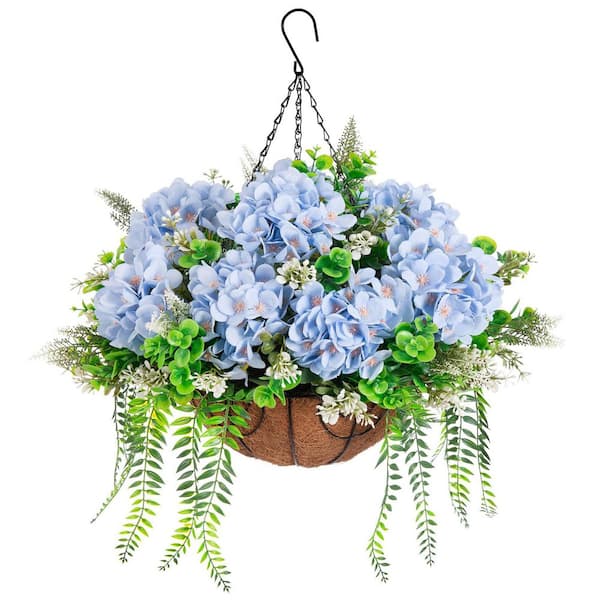 Unbranded 21.3 in. Blue Outdoor Artificial Hydrangea Flower in Basket Garden Decoration