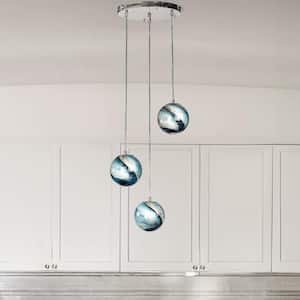 17 in. Modern 3-Light Handblown Glazed Glass Chandelier in Chrome Round Pendant with Blue Grey and White Globe Shades