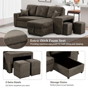 95 in. Brown Full Size Reversible Sleeper Sectional Sofa Bed with Side Shelf and 2 Stools