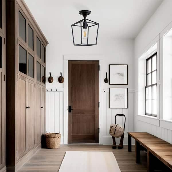 7 in. 1-Light Black Modern Lantern Semi Flush Mount Ceiling Light for Hallway Bedroom Farmhouse Kitchen Entryway