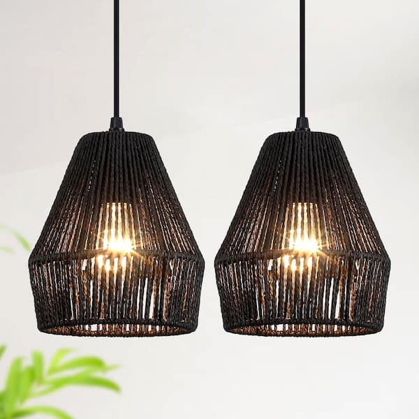 LWYTJO Mini 1-Light Black Finish Boho Hand-woven Natural Rattan Pendant with Black Geometric Shade for Living Room (Set of 2)