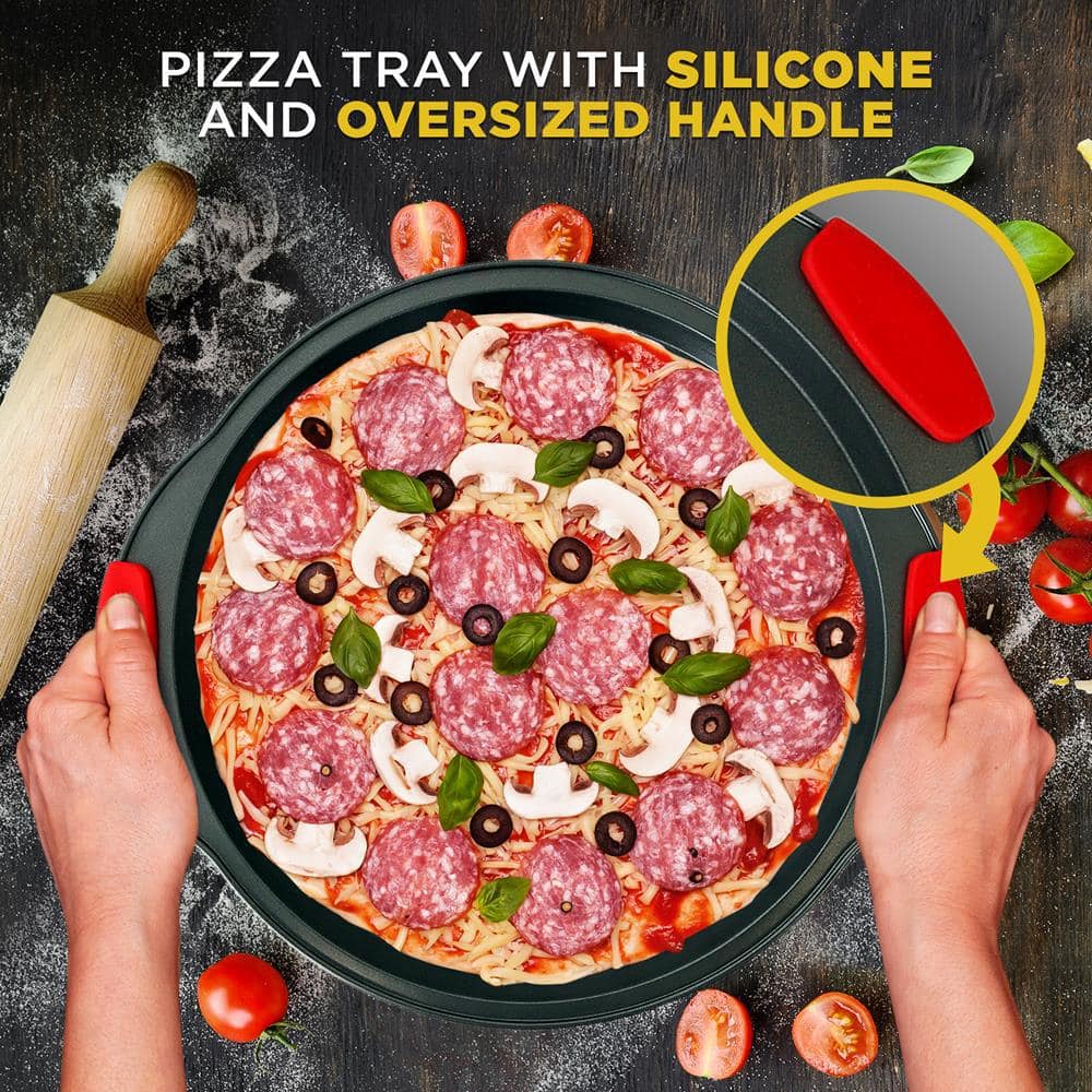Round Black Non-Stick Pizza Tray with Red Silicone Handles