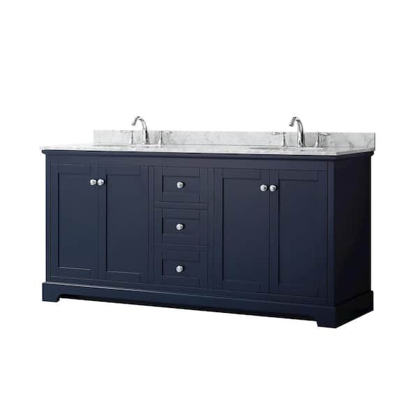 Wyndham Collection Avery 72 in. W x 22 in. D x 35 in. H Double Bath Vanity in Dark Blue with White Carrara Marble Top