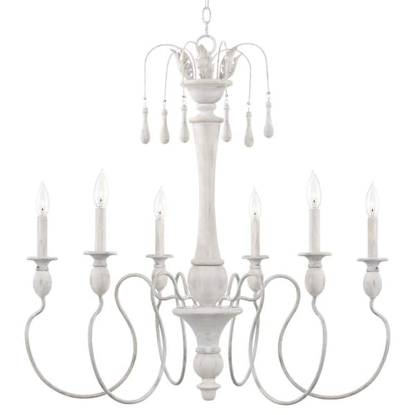 Kira Home London 60-Watt 6-Light Withered White Style Wood French Country Chandelier, No Bulb Included