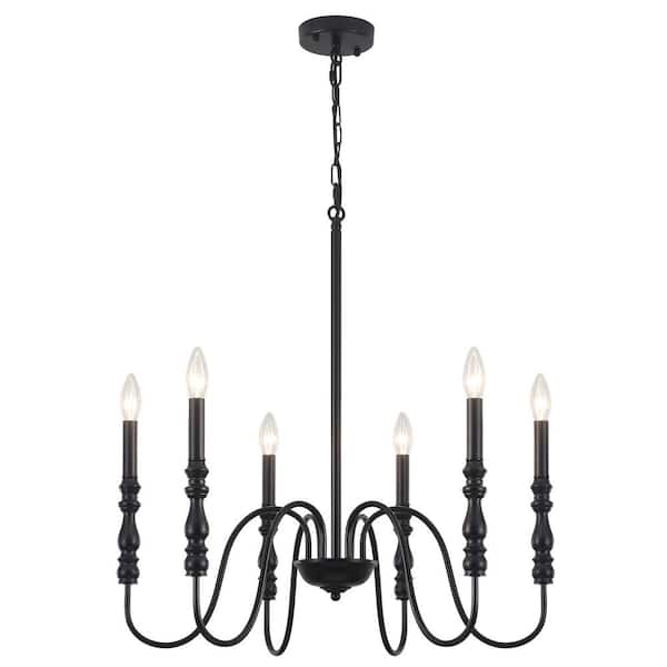 6-Light Black Classic Iron Candle-Style Farmhouse Chandelier for Farmhouse Kitchen Island with no Bulbs Included