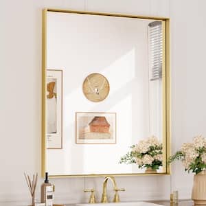 30 in. W x 36 in. H Rectangular Framed Aluminum Square Corner Wall Mount Bathroom Vanity Mirror in Brushed Brass