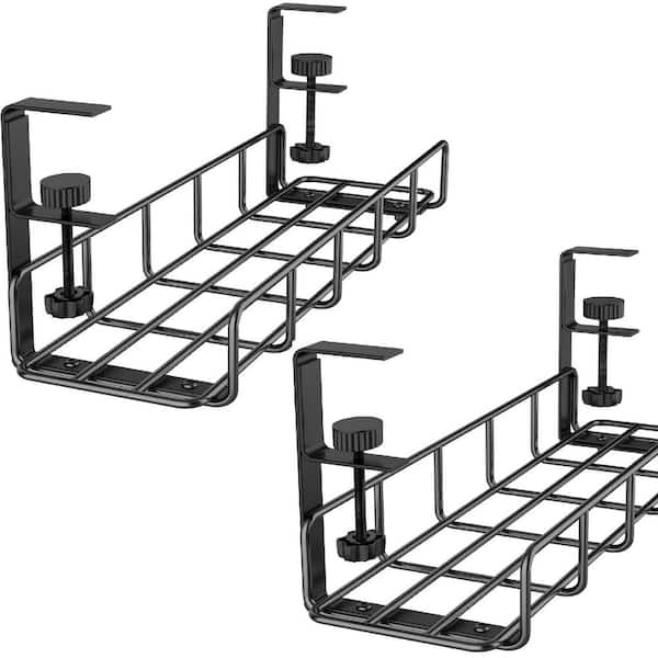 2 Pack 31.4 No Drill Under Desk Cable Management Tray with Upgraded Clamp, Metal Cord Organizer Rack Black