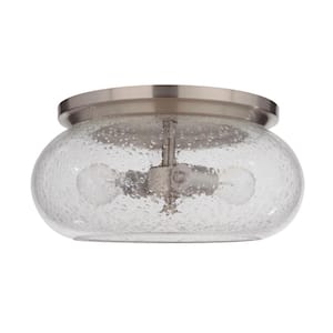 Serene 14.5 in. 2-Light Brushed Nickel Transitional Flush Mount w/ Clear Seeded Glass Shade and No Bulbs Included