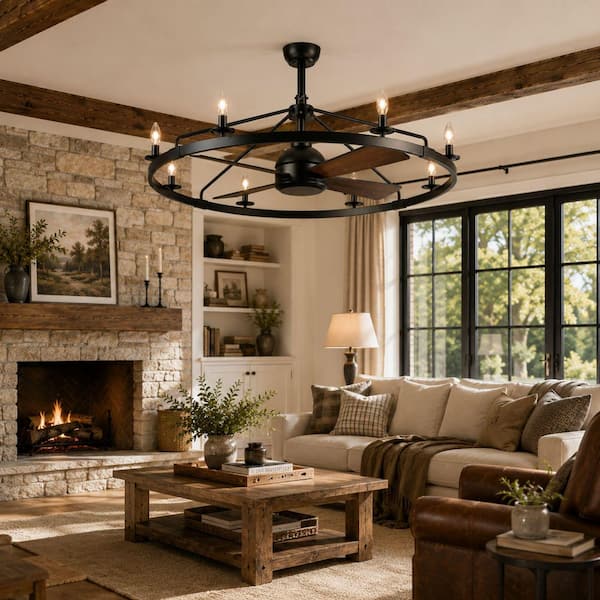 42 in. Farmhouse Matte Black Wagon Wheel Downrod Mount Fandelier Ceiling Fan with Lights and Remote Control