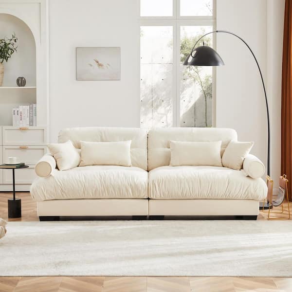 Dalton 93.7 in. Velvet Upholstered Rectangle Sectional Sofa in. Beige with Blostered Armrests, Pillows, Cream
